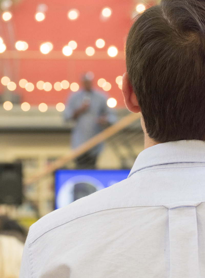 user experience, strategy, headshot, rear view, males, lecture, listening, casual clothing, lights, hair, san francisco, hearing, business, lightning talk