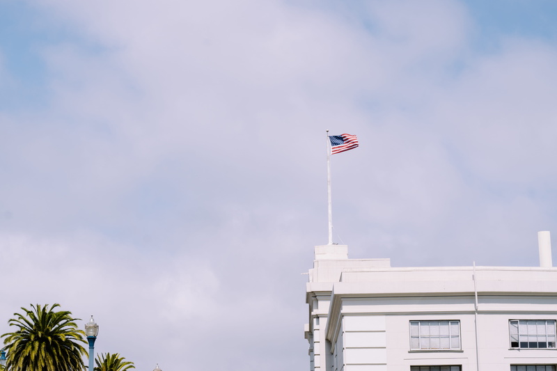 freedom, building, low angle view, cloud - sky, mid-air, building exterior, american flag, tree, flag, sky, day, flying, nature, 5K, built structure, the embarcadero/ferry building