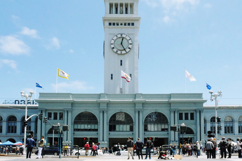 flag, san francisco, architecture, outdoors, ferry building, group of people, clock, women, travel, nature, building exterior, travel destinations, city