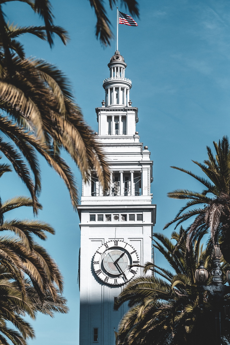 built structure, steeple, clear sky, travel destinations, clock, san francisco, white, coconut palm tree, building, no people, architecture, tower, ferry