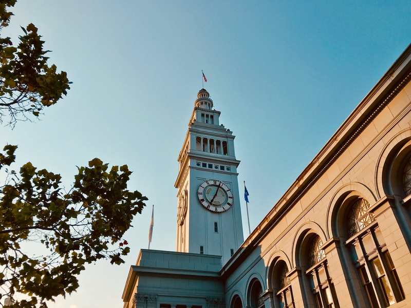 low angle view, united states, day, clock, ferry building, ferry terminal; tiburon and vallejo baylink, built structure, flag, plant, embarcadero, building exterior