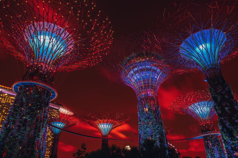 amusement park, nature, lighting equipment, Singapore, glowing, 1080P, dusk, cloud city, lights, no people, event, architecture, sky, amusement park ride