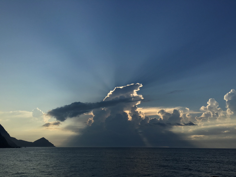 weather, ominous, golden hour, ray, day, sunray, cloudy, cloudscape, blue, coastline, photography, mountain, sea, beauty In Nature, horizon, landscape