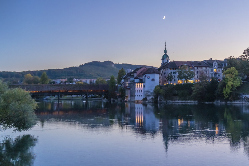 no people, bridge, sky, reflection, lake, evening, nature, moon, belief, building exterior, autumn, clear sky, dusk, place of worship, switzerland, olten