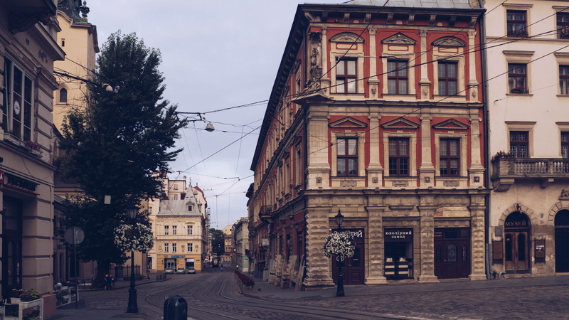 building, ukraine, urban, outdoors, incidental people, sky, transportation, mode of transportation, street, day, lviv, tree, oldtown, road, 4K, morning