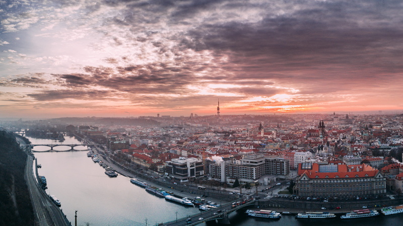 built structure, 4K, cityscape, sunset, bridge, water, architecture, high angle view, czech republic, sunrise, praha 7, residential district, oldtown