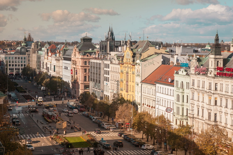 land vehicle, architecture, cars, czech, car, town, building exterior, residential district, high angle view, cloud - sky, city street, city, oldtown, people