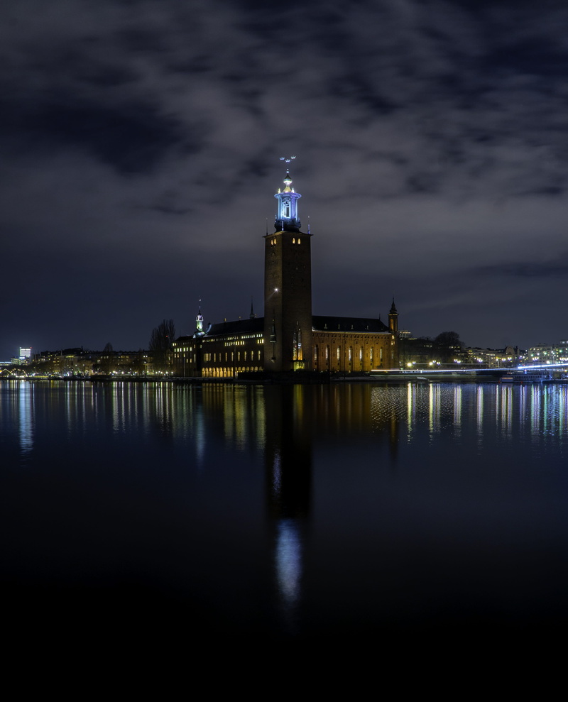 landmark, twilight, travel, built Structure, stadshuset, urban Scene, night, building Exterior, city, 4K, sky, lake, building, tourism, outdoors, illuminated