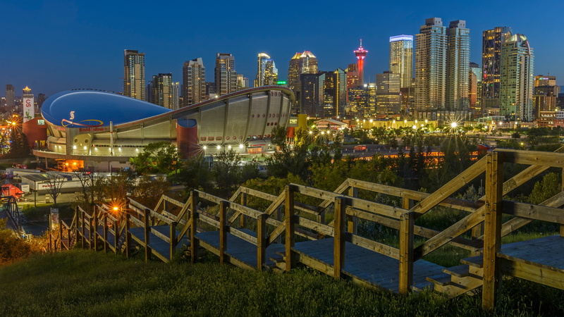 architectural structures, 4K, Albert, Calgary, Canada, building, the fence, the evening, illumination, the city, the descent, railings, ladder, stage