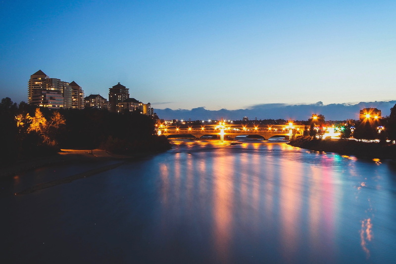 dusk, sunset, sky, clear sky, outdoors, 2K, building exterior, waterfront, peace bridge, built structure, night, calgary, architecture, building, water