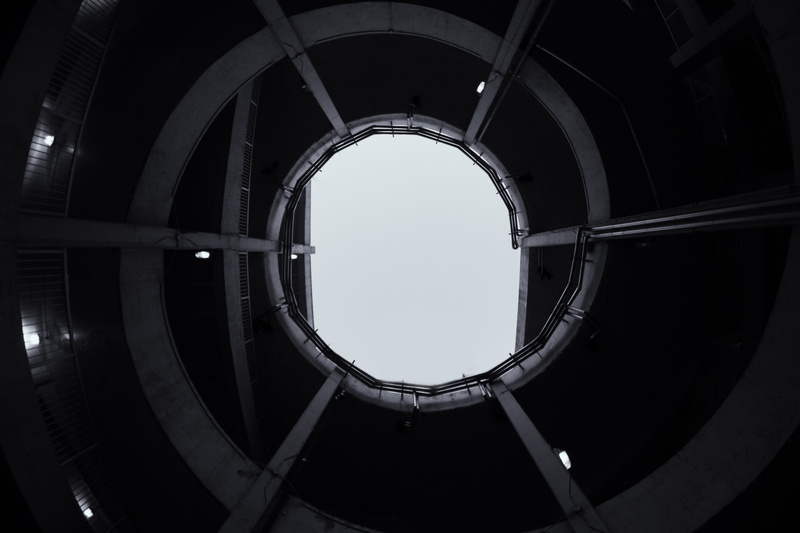 spiral, staircase, day, town, indoors, skylight, city, low angle view, spiral staircase, nature, window, no people, directly below, porthole, clear sky