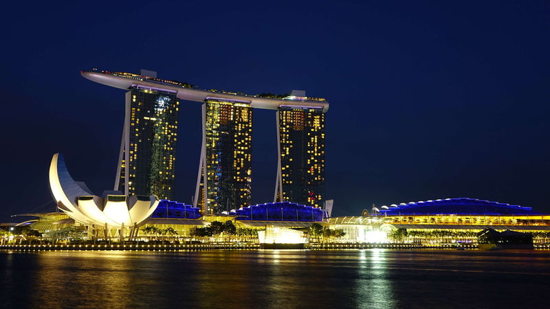bright, waterfront, sky, night, building, modern, building exterior, outdoors, illuminated, singapore, bay, marina bay sands, travel, architecture, luxury