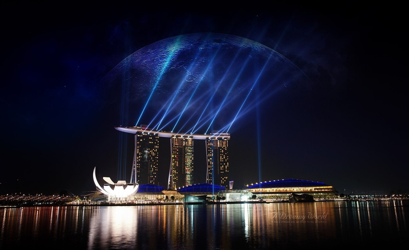 amusement park, architecture, City, motion, 1080P, singapore, Marina, luxury, night, Hotel, waterfront, skyscraper, light - natural phenomenon, dark, reflection