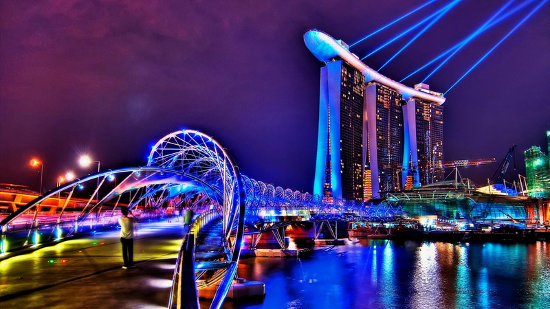 light, multi colored, modern, illuminated, nightlife, singapore, city, hotel, reflection, purple, office building exterior, no people, waterfront, connection