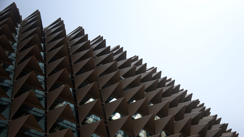 nature, metal, singapore, low angle view, durian building, sunlight, architecture, copy space, clear sky, pattern, esplanade - theatres on the bay, abstract