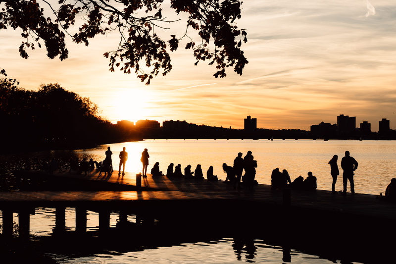 built structure, charles, men, nature, real people, leisure activity, water, silhouette, sky, architecture, sunset, reflection, 5K, plant, united states