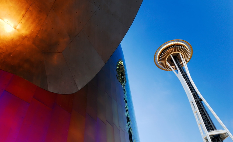 city, blue, low angle view, skyscraper, Washington, berlin, Seattle, tourism, balloon, sky, 1080P, wa, Architecture, needle, sunlight, travel, Tower, built structure