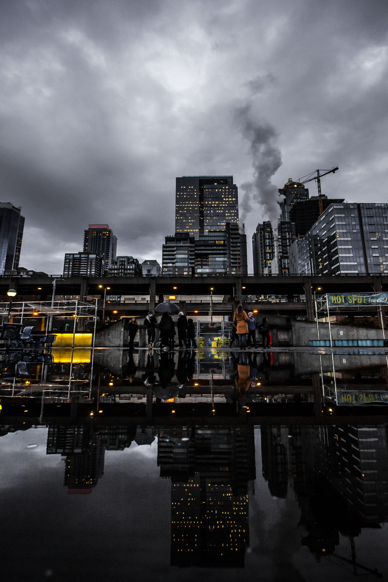 building exterior, mirror, skyscraper, seattle, town, office building exterior, dusk, photography, cityscape, water, building, sky, waterfront, outdoors