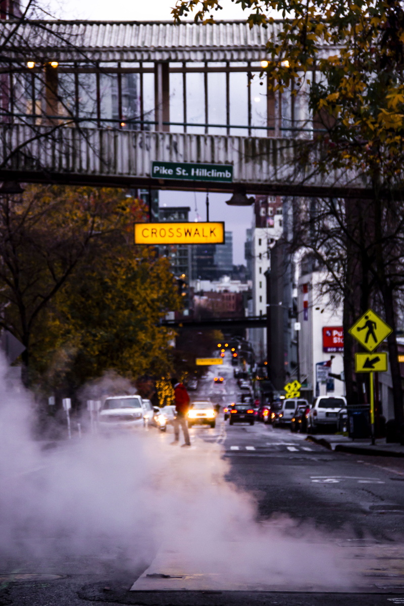 4K, street, land vehicle, urban, pikes place, town, plant, illuminated, light, asphalt, wa, person, car, seattle, motor vehicle, outdoors, smoke, architecture