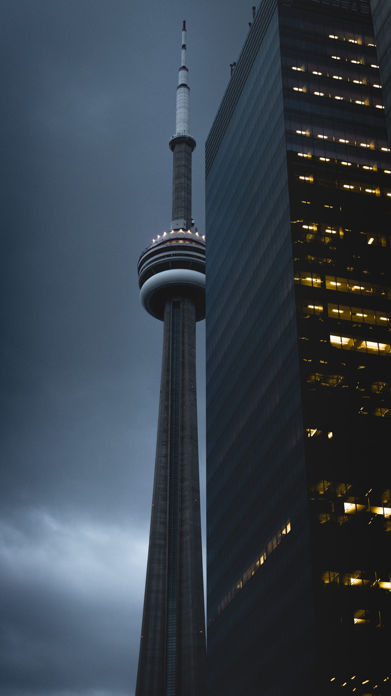modern, tall - high, toronto, lifestyle, skyscraper, cn, communication, needle, no people, global communications, illuminated, beside, film, tourism, outdoors