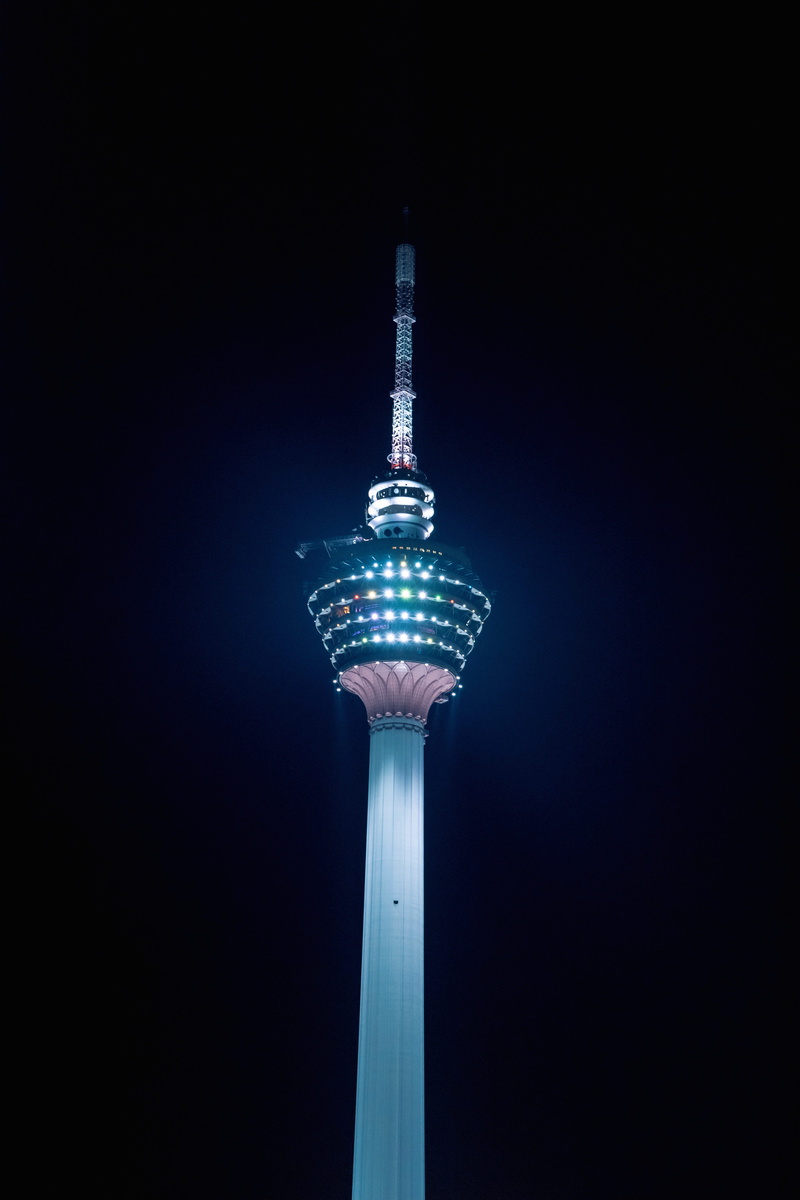blue, single object, city, red, tall - high, communication, control tower, column, urban, emotion, sharp, high rise, building, tower, town, illuminated