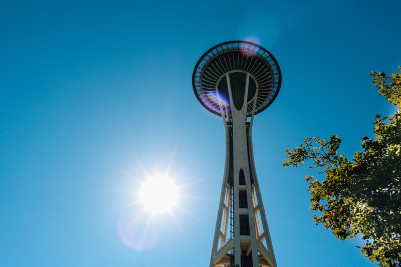 skyline, sun, skyscraper, space needle, architecture, famous, space, washington, 4K, tree, sunny, tower, landmark, america, seattle, blue, state, usa