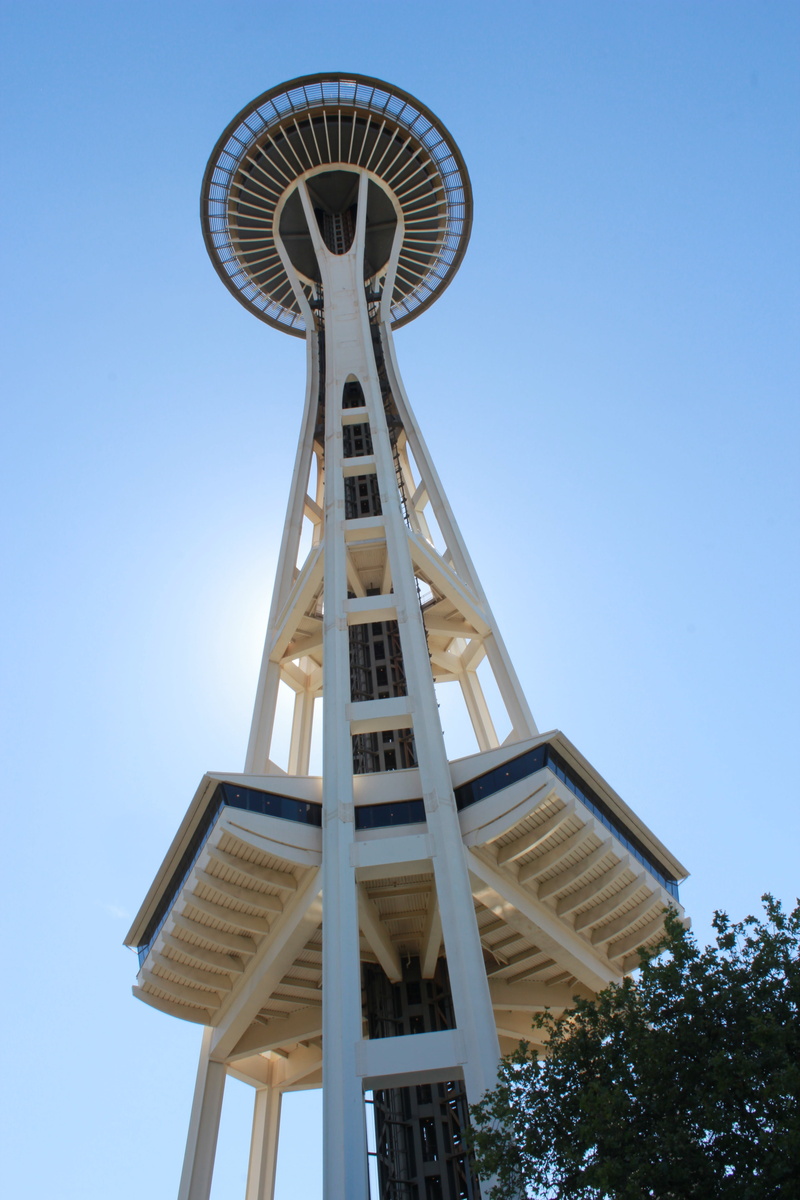 washington, low angle view, architecture, blue, no people, day, space needle, sky, tall - high, downtown, tower, 5K, wood - material, building exterior