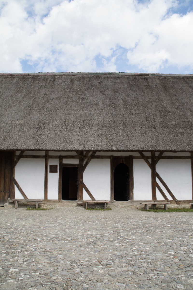 built structure, building exterior, truss, reconstruction, tierhaltung reetdach, southern germany, low angle view, medieval, building, thatched, bach ritterburg