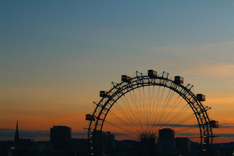 sunset, dusk, built structure, building exterior, city, austria, no people, architecture, arts culture and entertainment, leisure activity, wien, orange color
