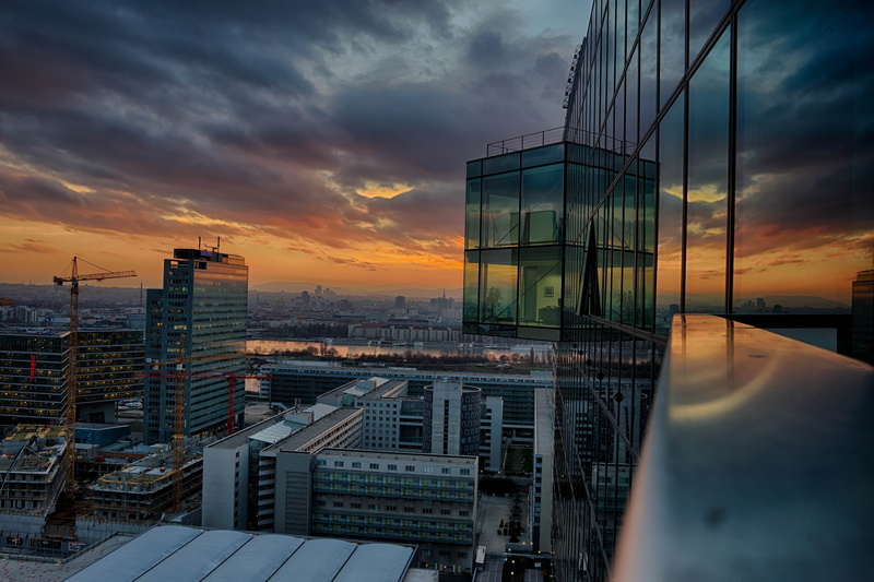 architecture, 5K, no people, austria, building Exterior, cityscape, view, nature, dusk, glass, reflection, vienna, sky, cloud - sky, city, city life, sunset