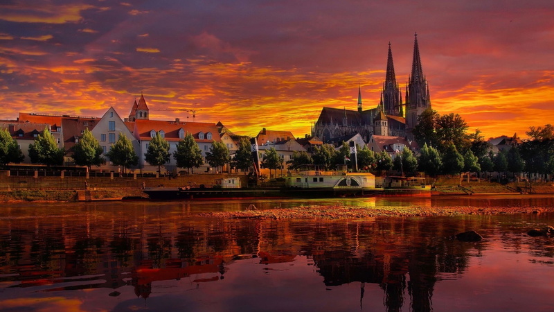 sky, lake, religion, sunset, Donau, architecture, orange color, built structure, belief, place of worship, water, building, boat, scenery, building exterior