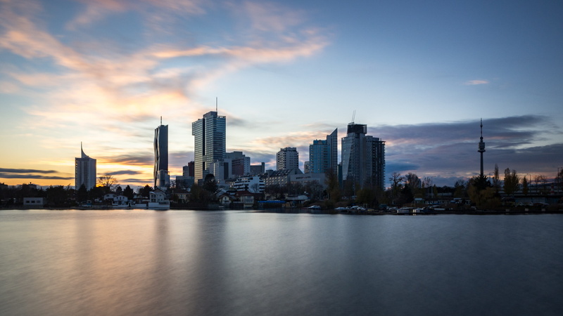 business, high rise, outdoors, donaucity, tall, financial district, concrete, daytime, spire, europe, built structure, building, waterfront, urban, building exterior