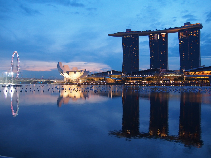 water, singapore flyer, skyscraper, building exterior, marina, cityscape, office building exterior, reflection, illuminated, building, bay, waterfront