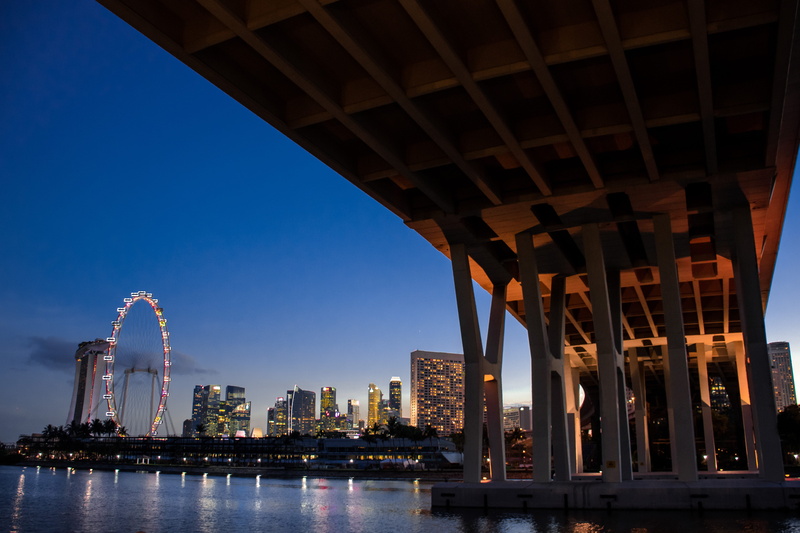 road, building, singapore, asia, sky, singapore flyer, cityscape, architecture, ferris wheel, highway, built structure, bridge - man made structure, travel destinations