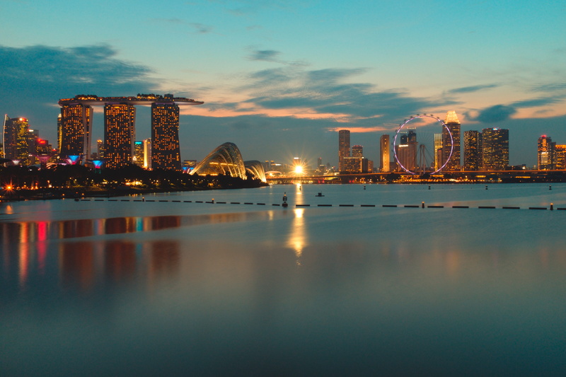 light, modern, singapore, bulb, sky, office building exterior, gardens by the bay, no people, illuminated, water, mb, sunset, photography, nighttime, 5K