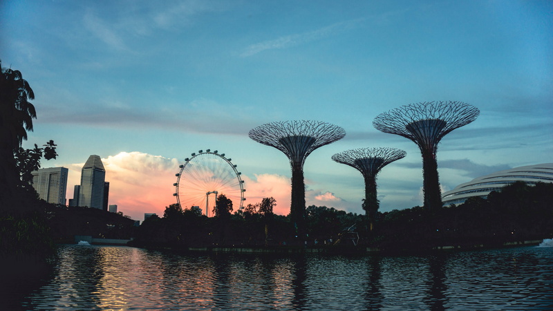outdoors, water, sunset, city, colours, skyscraper, buildings, sky, office building exterior, reflection, gardens by the bay, cityscape, building exterior