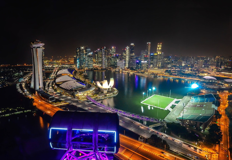 modern, asia, singapore flyer, building, 1080P, building exterior, illuminated, sky, city life, nightlife, water, outdoors, skyscraper, office building exterior