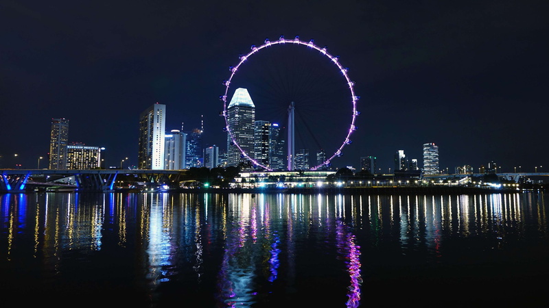 skyscrapers, 4K, ferris wheel, sky, downtown, arts culture and entertainment, reflection, modern, water, amusement park, singapore flyer, river, buildings
