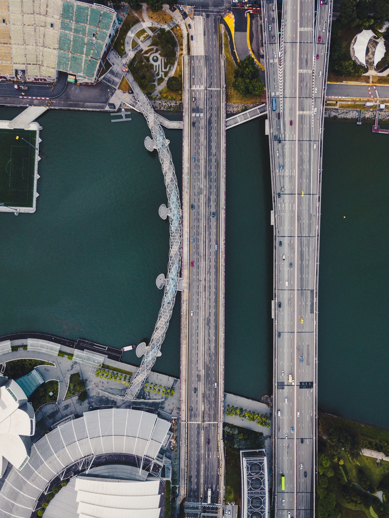 water, drone view, outdoors, river, bridge - man made structure, 2K, daytime, city, building exterior, view, s, gray, nature, helix bridge, photography