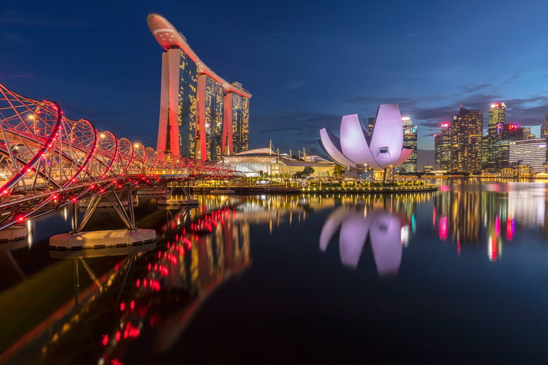 Helix Bridge, bridge, building, Мост Хеликс, 1080P, Bay, Singapore, Marina Bay Sands, night city, Marina Bay, reflection