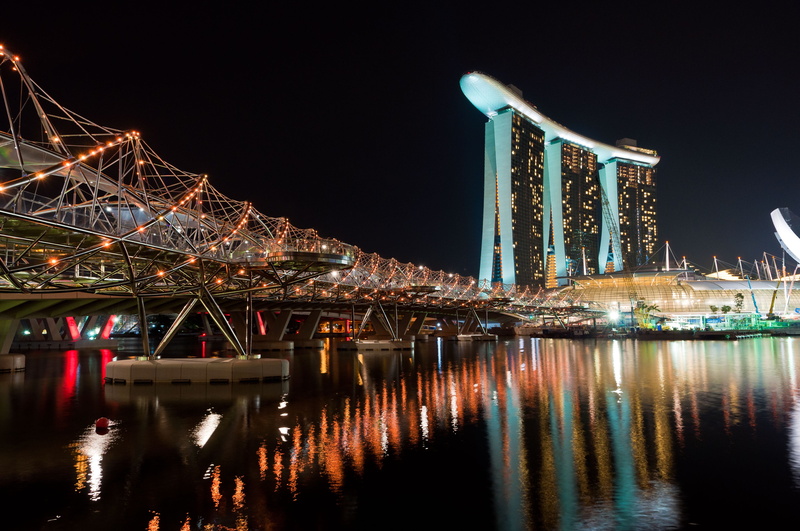 built structure, helix bridge, building exterior, bridge, modern, river, illuminated, travel, bridge - man made structure, transportation, marina bay, nature