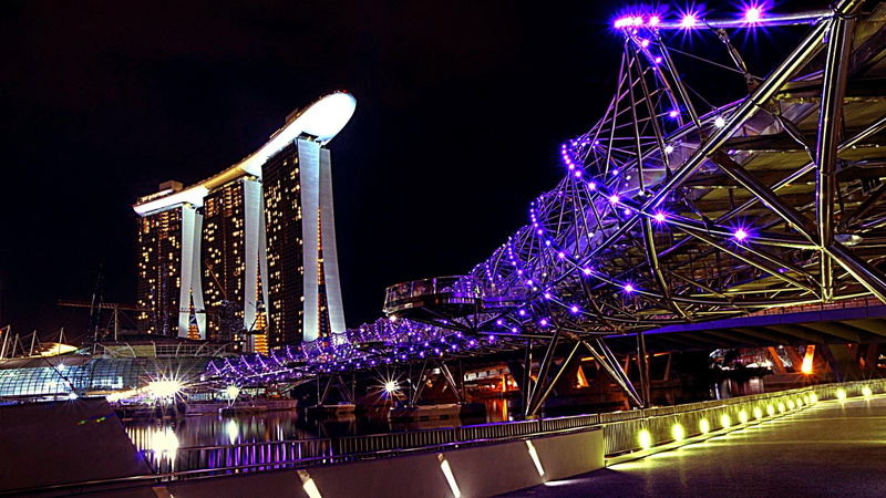 travel destinations, purple, building exterior, lights, office building exterior, sky, night lights, helix bridge, lighting equipment, bridge - man made structure