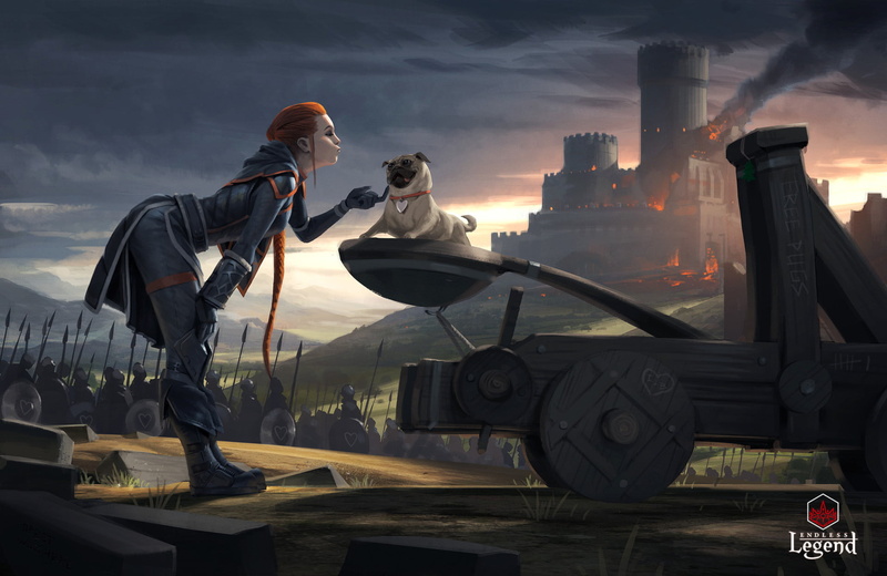 catapult, digital art, Amplitude Studios, women, redhead, 1080P, castle, Endless Legend, siege, fire, army, video game art, Aurelien Rantet, artwork, dog