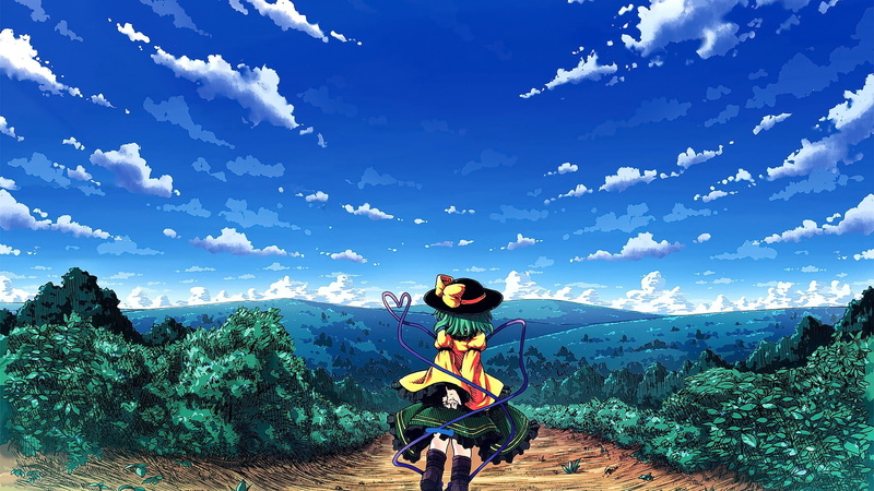 front view, day, anime, Touhou, one person, child, males, offspring, anime girls, full length, hat, human arm, plant, casual clothing, cloud - sky, beauty in nature