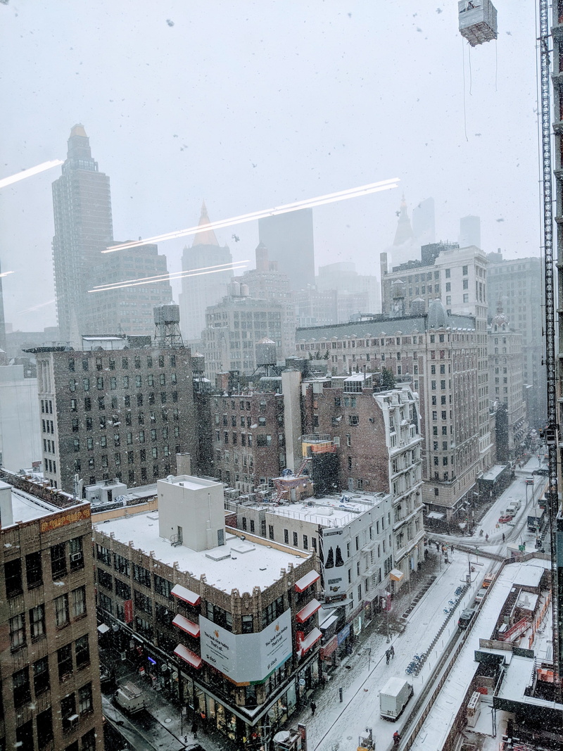 scenery, high angle view, sky, building, town, metropolis, urban, office, human, painted, weather, snow, built structure, new york, snowing, residential district