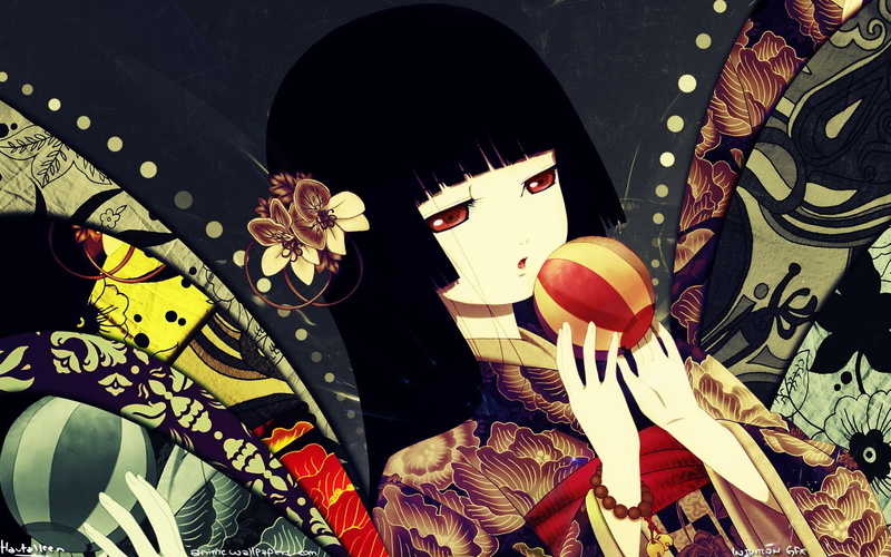 day, design, balloon, Jigoku Shoujo, decoration, high angle view, flowers, pattern, long hair, indoors, close-up, anime girls, 1080P, multi colored, representation