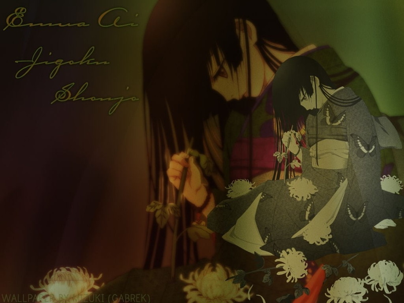 480P, long hair, kimono, butterfly, anime girls, anime, flowers, Jigoku Shoujo, Enma Ai