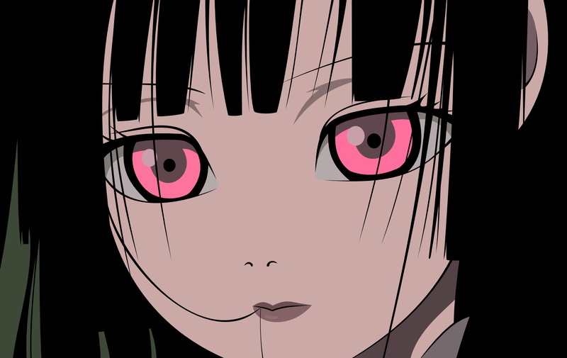 architecture, decoration, creativity, pink eyes, close-up, representation, pattern, black hair, illuminated, Jigoku Shoujo, dark, indoors, dark hair, closed