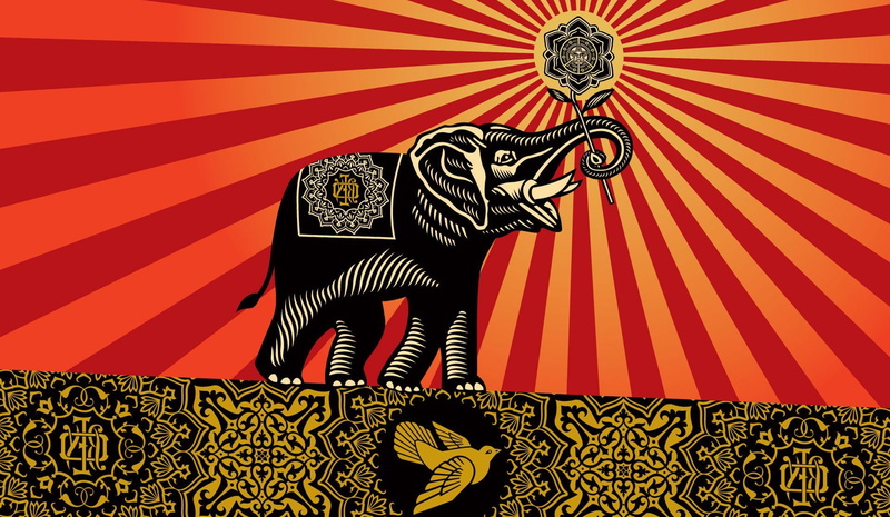 design, red, multi colored, obey elephants shepard fairey incase, representation, full length, 1080P, creativity, art and craft, elephant, mammal, indoors