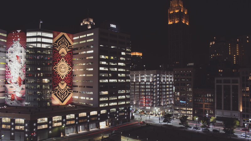 financial district, 5K, illuminated, office building exterior, obey, building, modern, residential district, transportation, street, night, no people